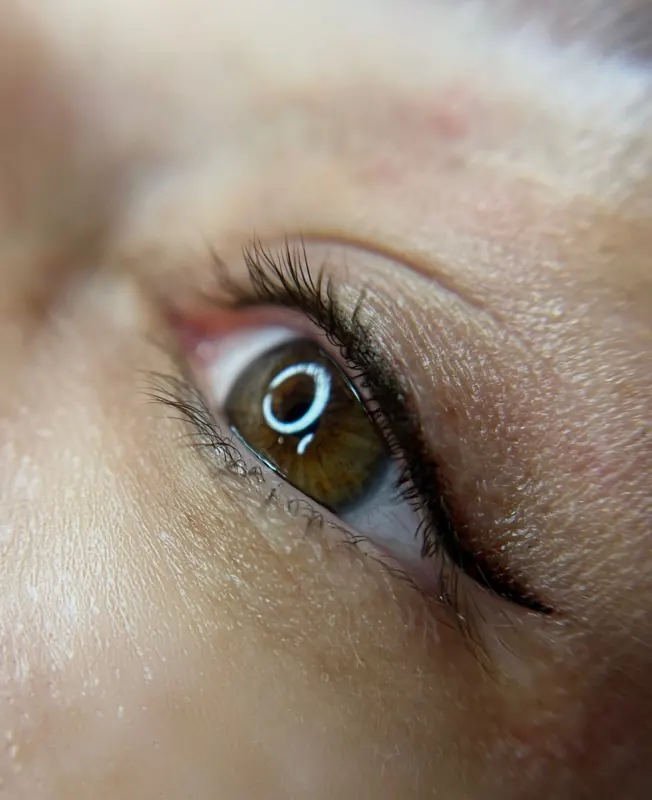 Close-up of a soft permanent eyeliner along the upper lash line