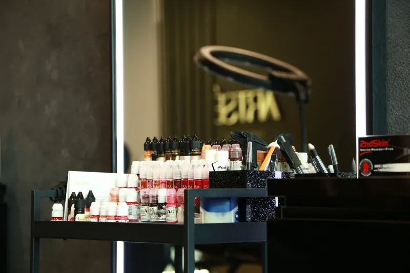 The pigment and supplies station under a ring light